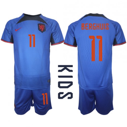 Fotbalové Dres Holandsko Steven Berghuis #11 Dětské Venkovní MS 2022 Krátký Rukáv (+ trenýrky)